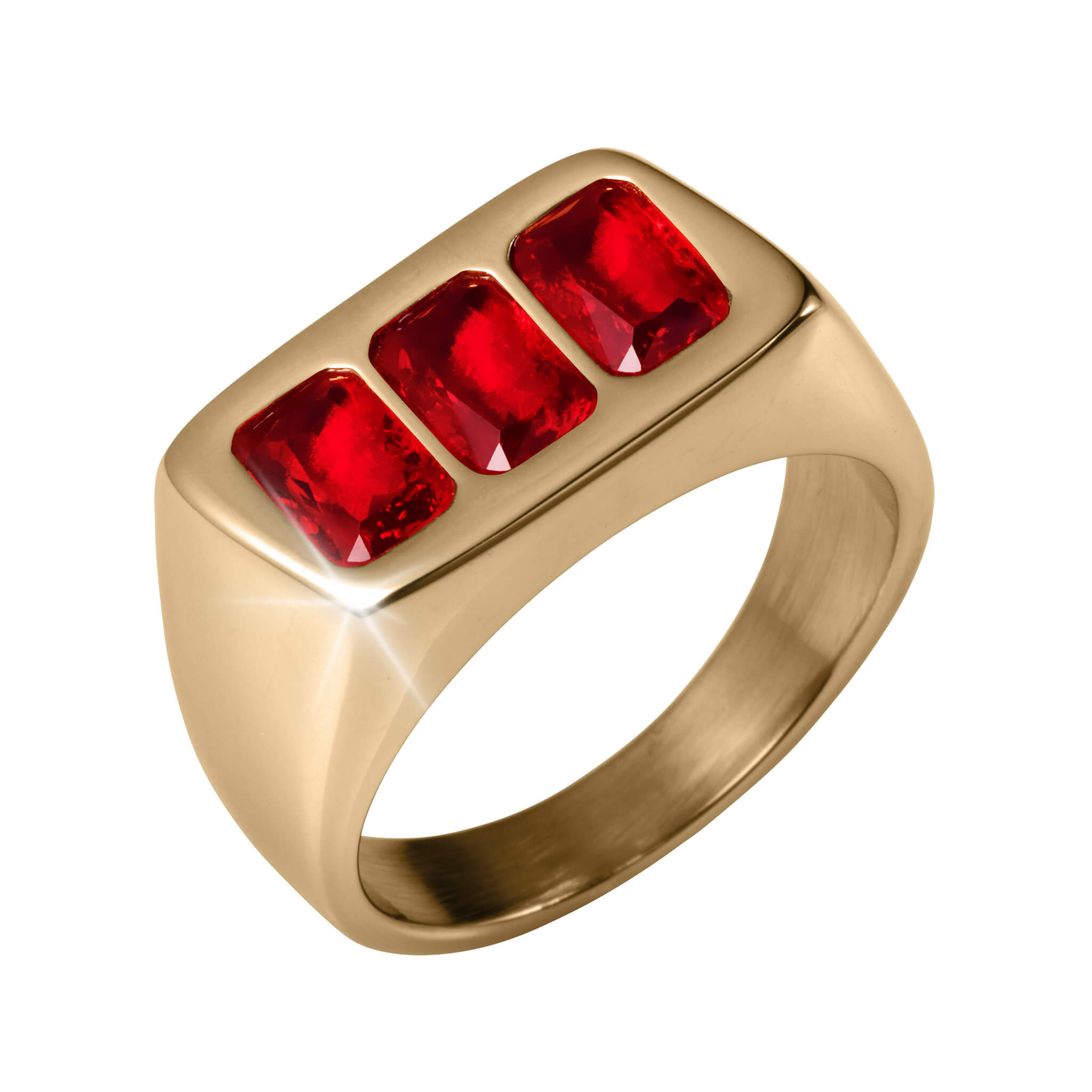 Bold gold ring from the Sangre Men's Collection featuring three radiant red gemstones, offering a stylish statement piece Up To 75% Off Retail.