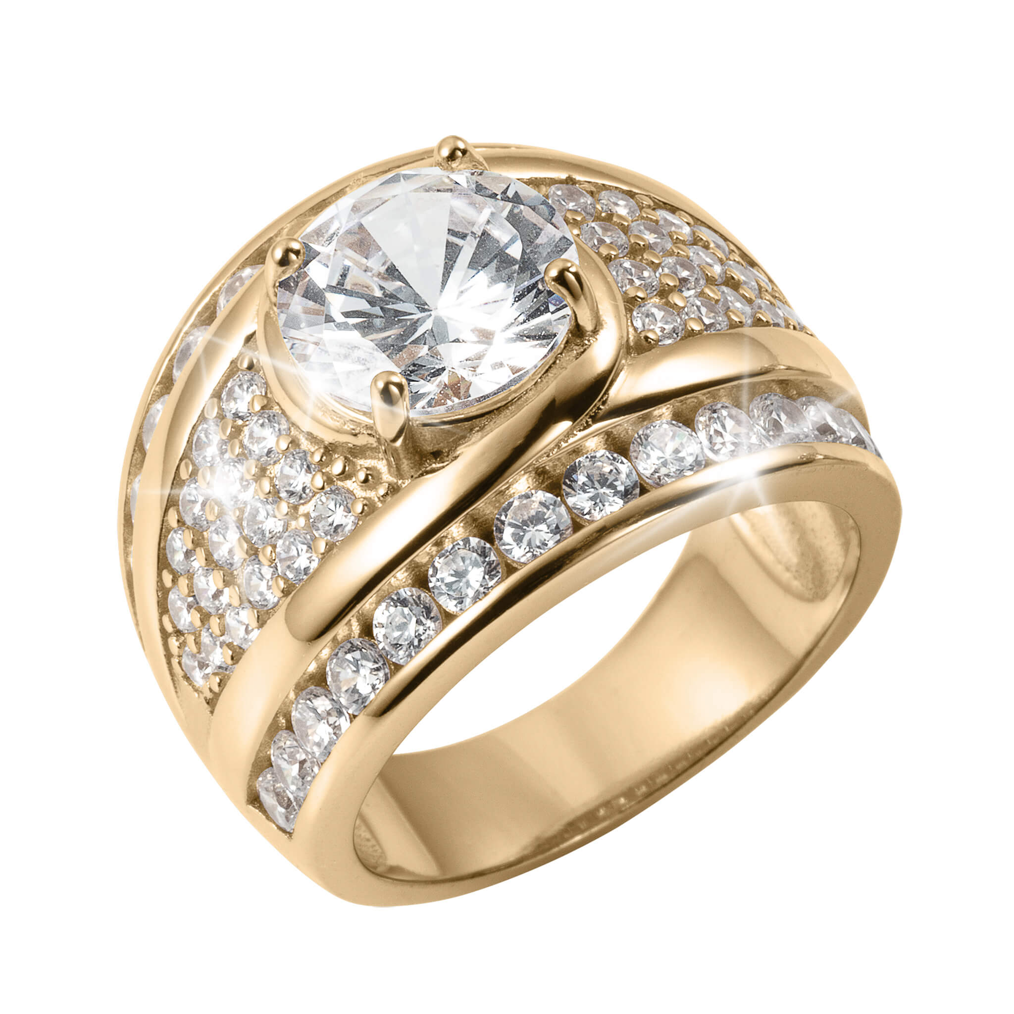 Nova Glow Ladies Ring featuring a gold plated band with a large central gemstone and rows of smaller stones, elegant jewelry for women, Up To 75% Off Retail.