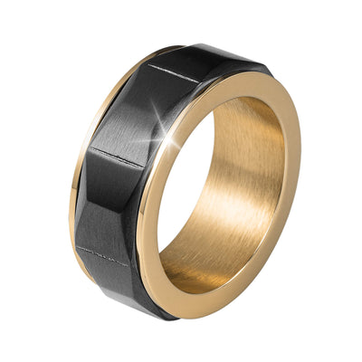 Noir Legacy Men's Ring featuring a stainless steel band with gold plating and a faceted black center, offering a bold and stylish men's jewelry piece, Up To 75% Off Retail.