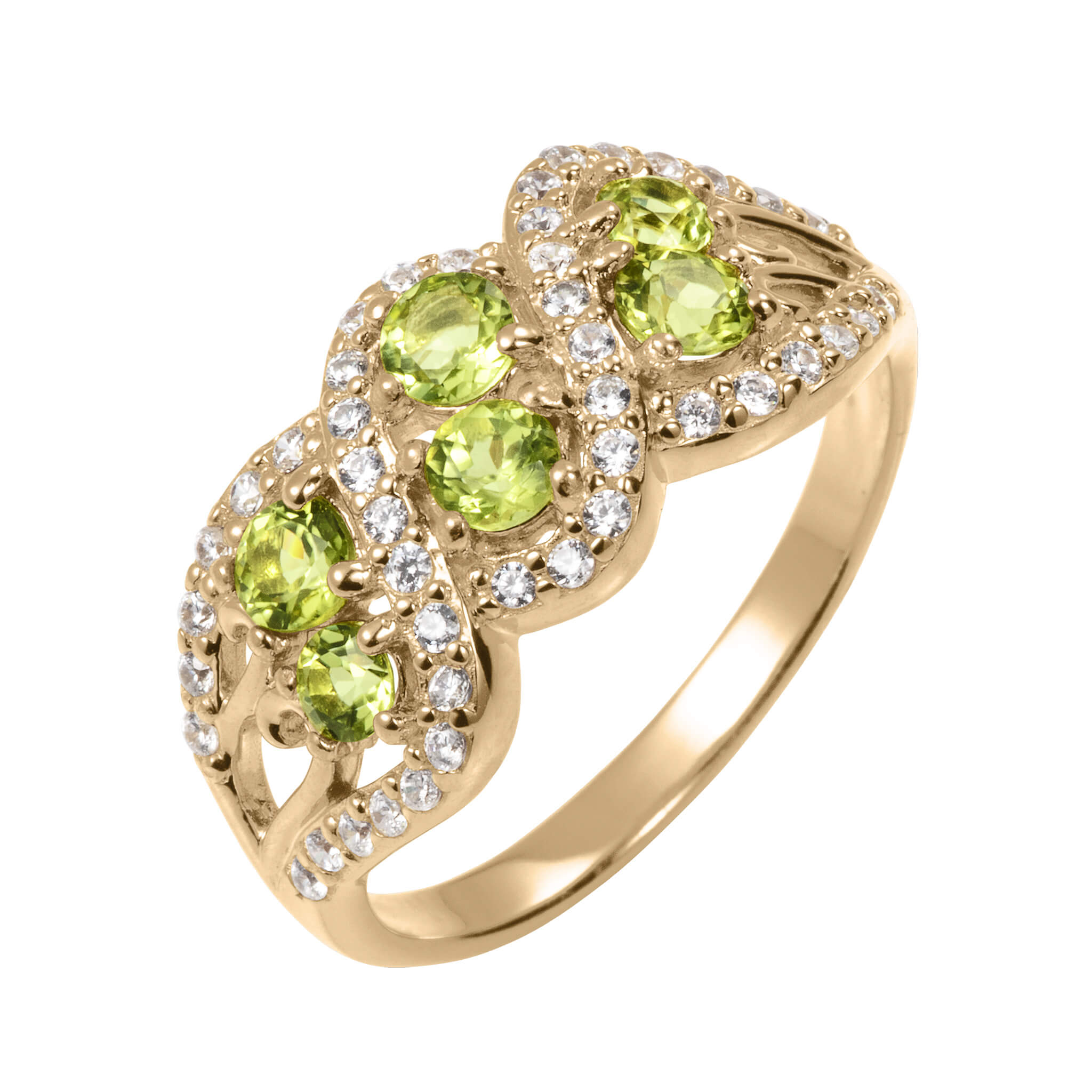 Elysian Peridot Ring featuring vibrant green peridot gemstones set in an elegant gold band accented with sparkling white stones, Up To 75% Off Retail.