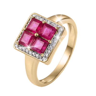 Rouge Lumiere Ruby Ring featuring four square ruby stones set in sterling silver with gold plating, surrounded by sparkling white accents, designed for female jewelry lovers. Up To 75% Off Retail.