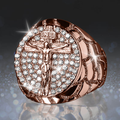 Holy Halo Men's Ring featuring a rose gold tone with a detailed crucifix design surrounded by sparkling clear stones on the face, combining religious symbolism with jewelry craftsmanship.