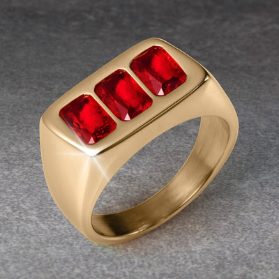 Gold men's ring featuring three rectangular red gemstones, showcasing bold design from the Sangre Men's Collection, available Up To 75% Off Retail.