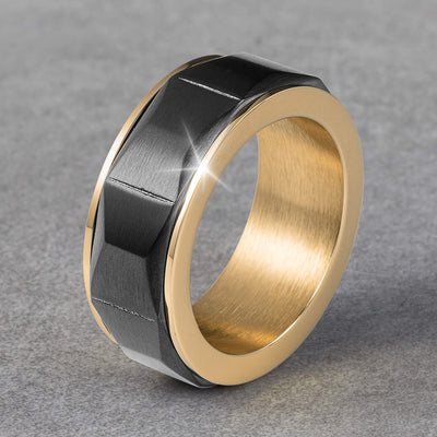Noir Legacy Men's Ring crafted from stainless steel with a black center and gold plating, offering a bold, modern design in men's jewelry, up to 75% off retail.