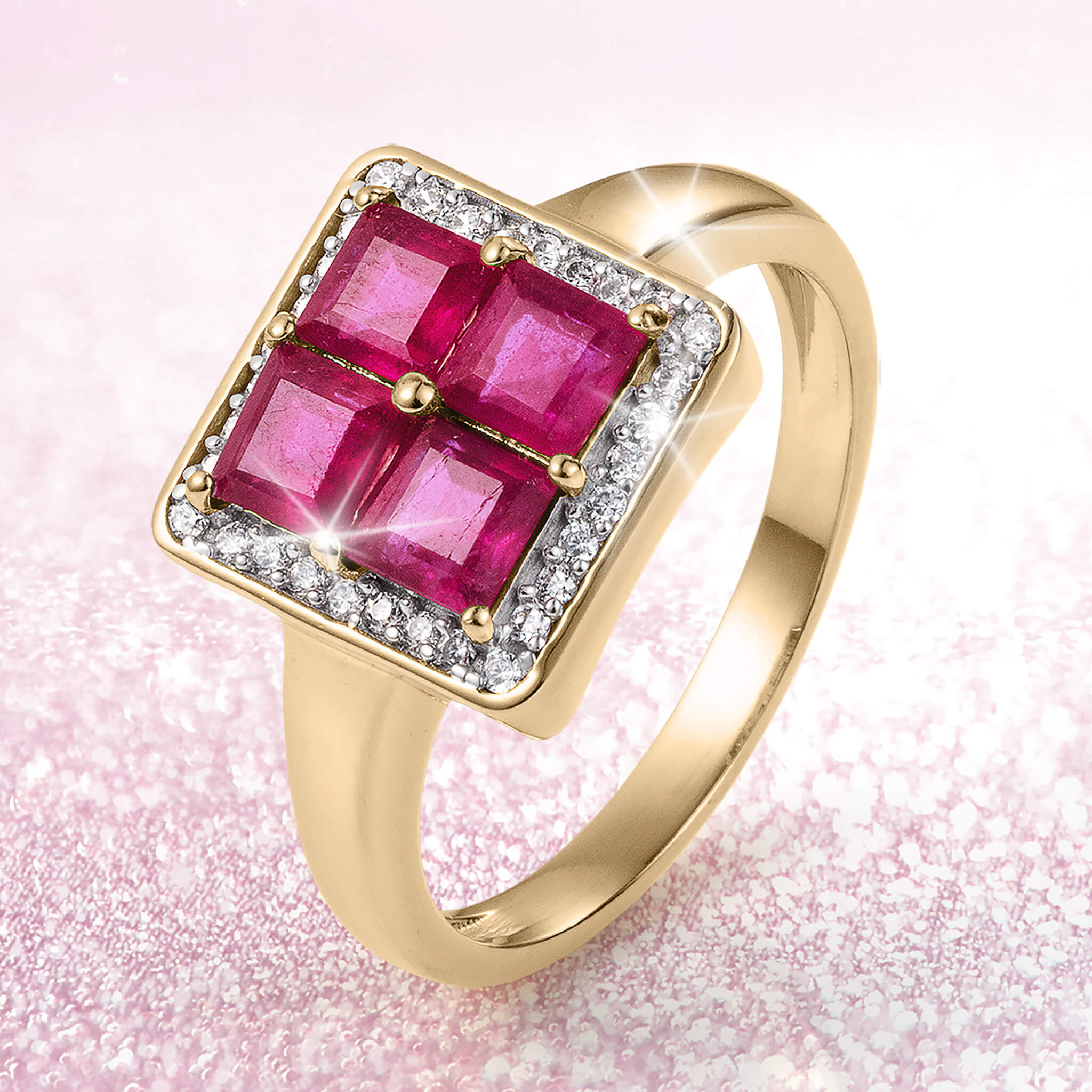 Gold-plated sterling silver ring for female featuring four vibrant red stones surrounded by diamonds, part of the Rouge Lumiere Ruby Collection, Up To 75% Off Retail.