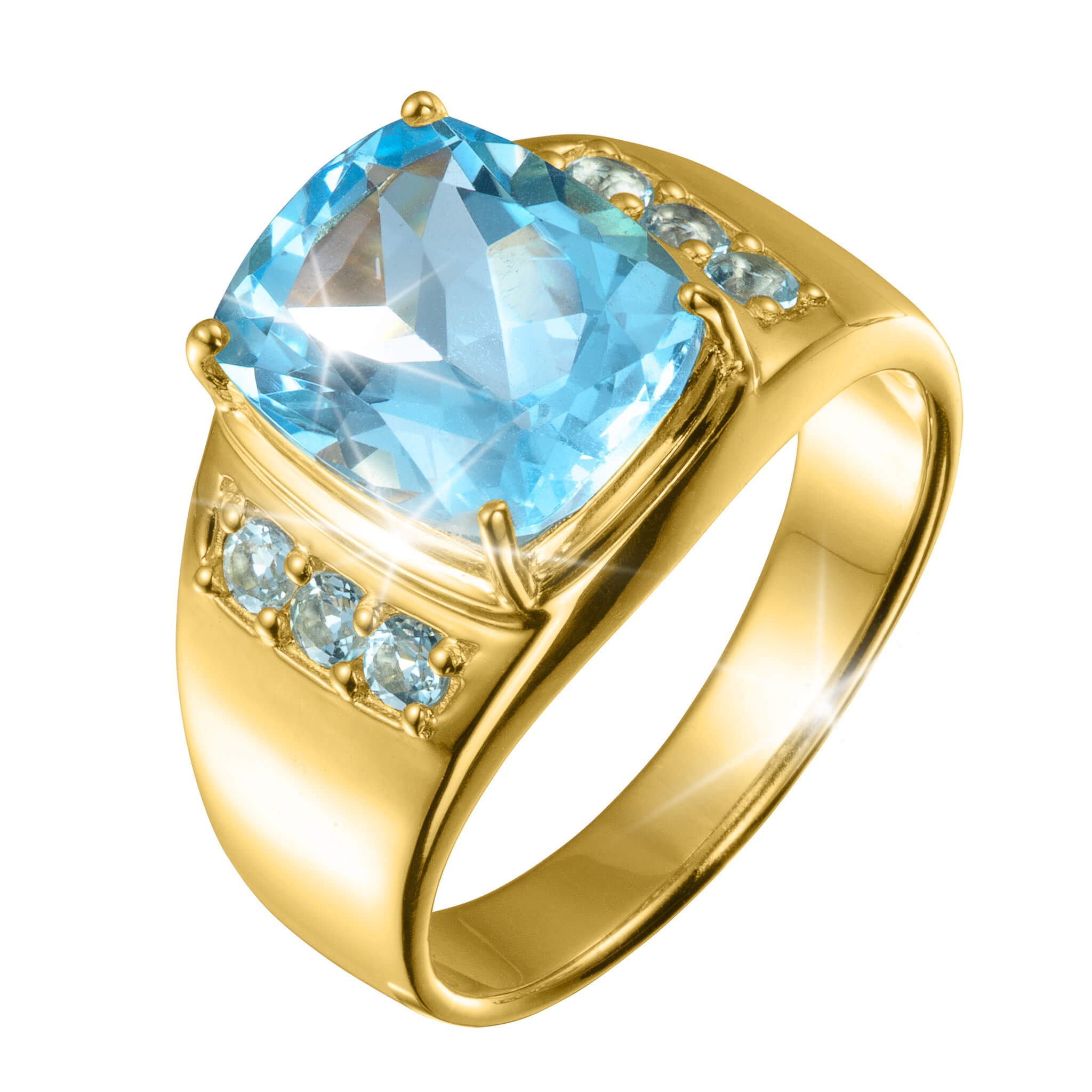 Aegean Blue Topaz Men's Ring with a gold plating featuring a large cushion-cut blue topaz center stone and smaller blue topaz accents on the band, Up To 75% Off Retail.