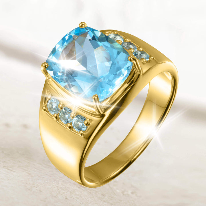 Aegean Blue Topaz Men's Ring featuring a gold plating and vibrant blue topaz stones, showcasing elegant craftsmanship and a bold design, Up To 75% Off Retail.