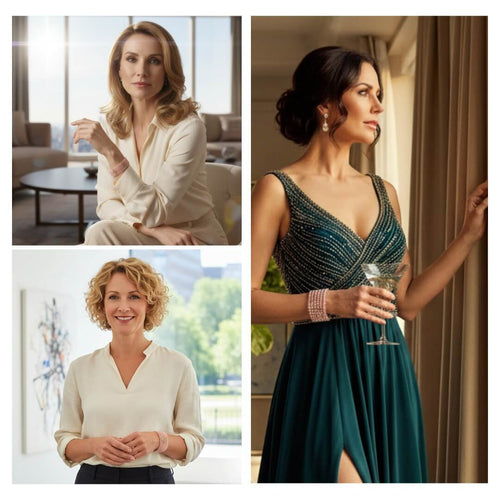 Collage of three women in different settings, one in a living room, one in a formal setting, and one in an outdoor setting. Rosa Cascade Bracelet