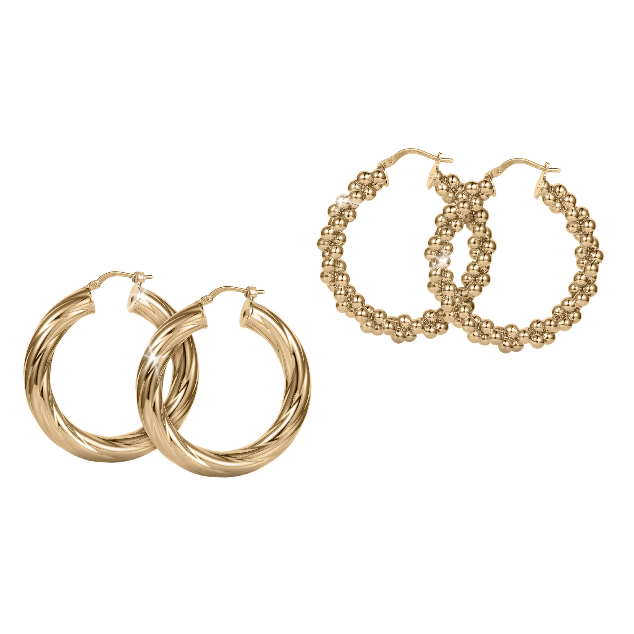 Roma Luxe Hoop Earrings Set featuring two pairs of gold plated bronze hoops for female, with one pair twisted and the other beaded design, Up To 75% Off Retail.