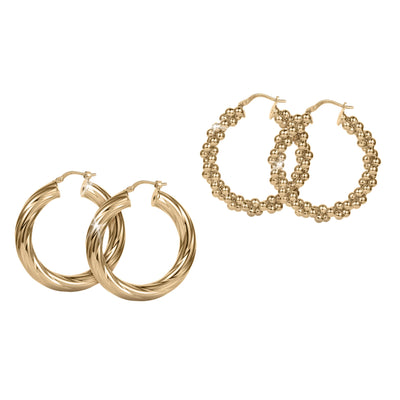 Roma Luxe Hoop Earrings Set featuring two pairs of gold plated bronze hoops for female, with one pair twisted and the other beaded design, Up To 75% Off Retail.