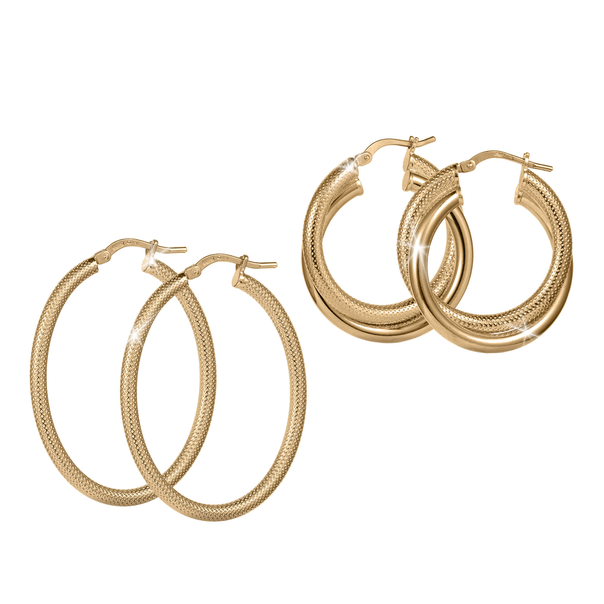 Two pairs of polished gold hoop earrings featuring textured and smooth finishes, showcasing the elegant Lucente Hoop Set jewelry collection.