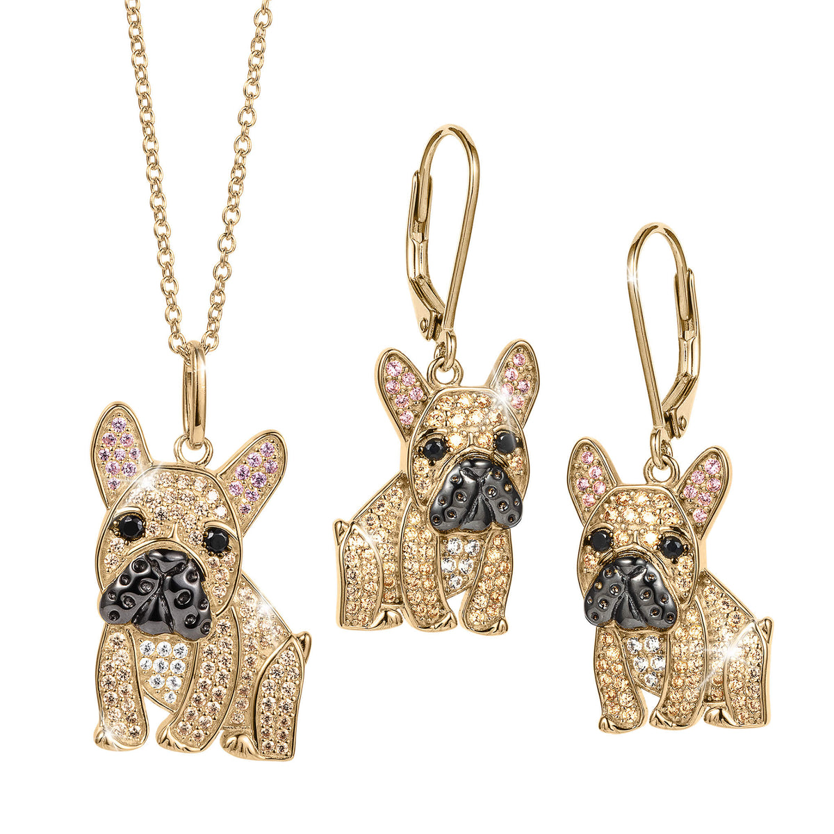 Forever Frenchie Collection featuring crystal accented French bulldog jewelry with a necklace and matching drop earrings in gold tone Up To 75% Off Retail