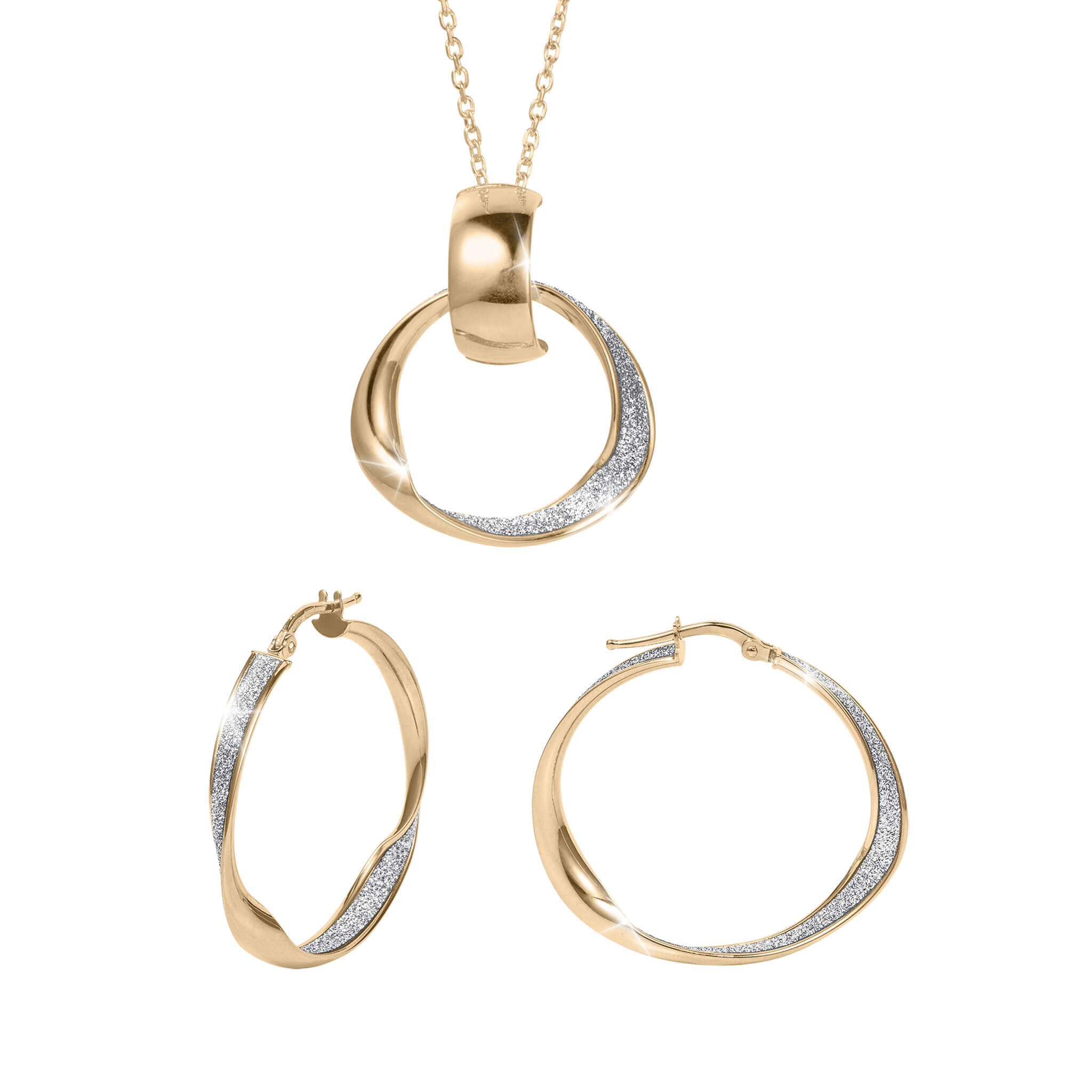 Serena Collection two tone jewelry set featuring a circular pendant necklace and matching hoop earrings in gold and silver tones Up To 75% Off Retail