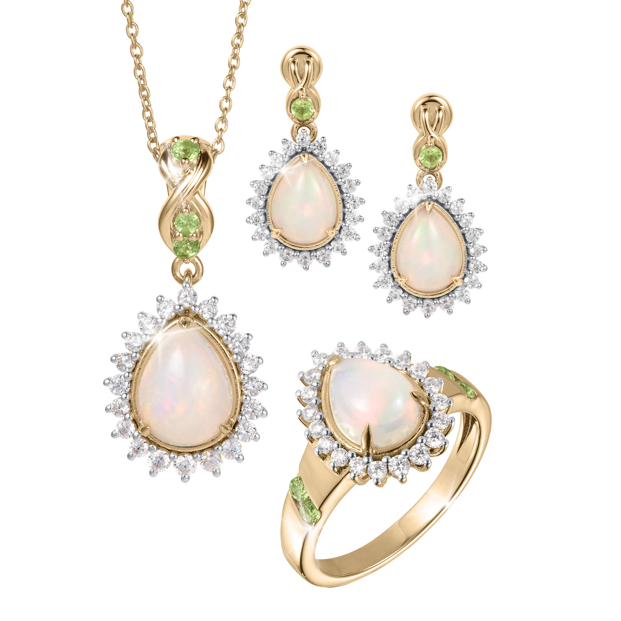 Opal Dew Drop Collection Set featuring a gold necklace matching earrings pendant and ring with luminous opals and sparkling gemstones Up To 75% Off Retail