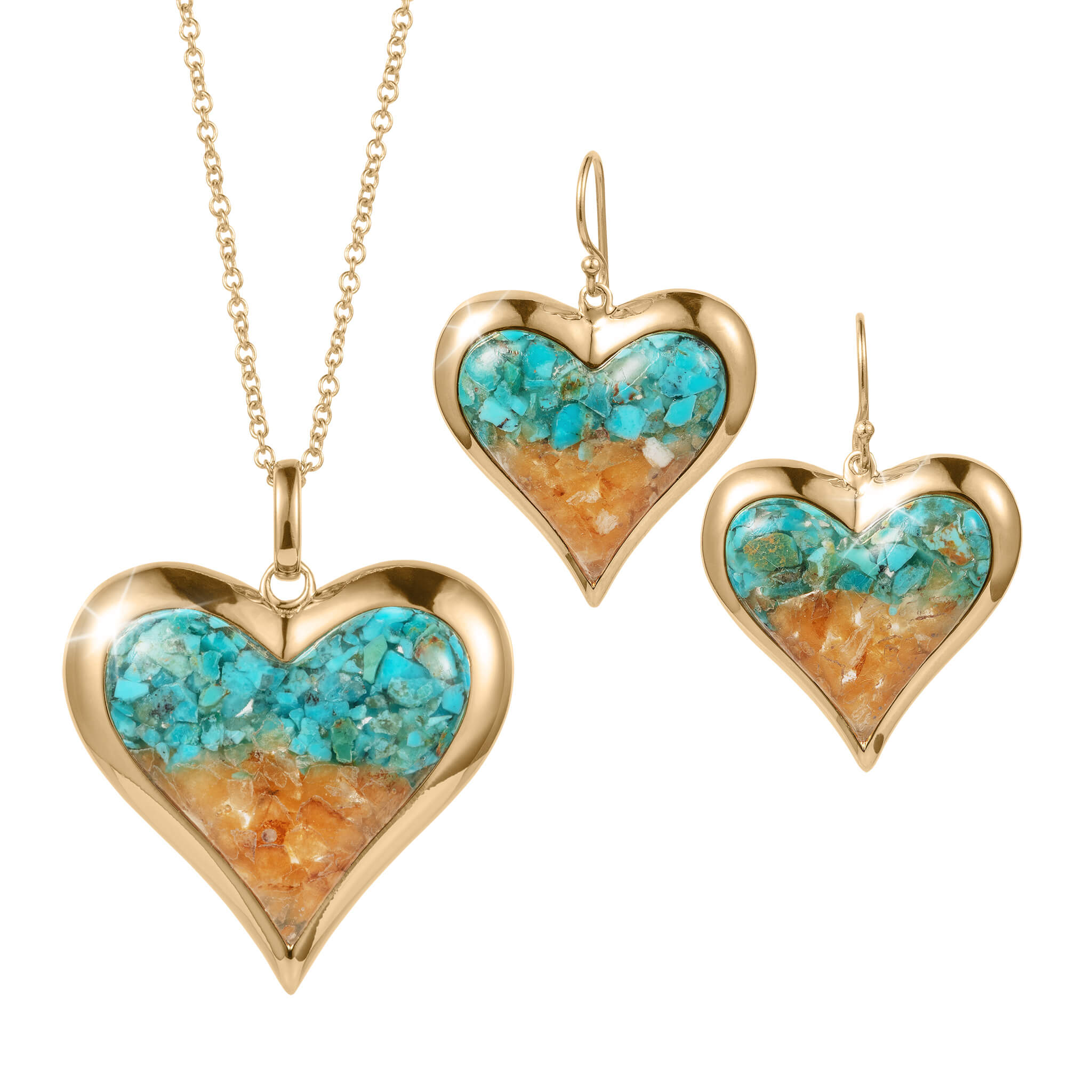 Sunlit Shore Heart Collection necklace and earrings set featuring heart-shaped pendants with vibrant turquoise and amber stone inlays framed in polished gold-tone metal.