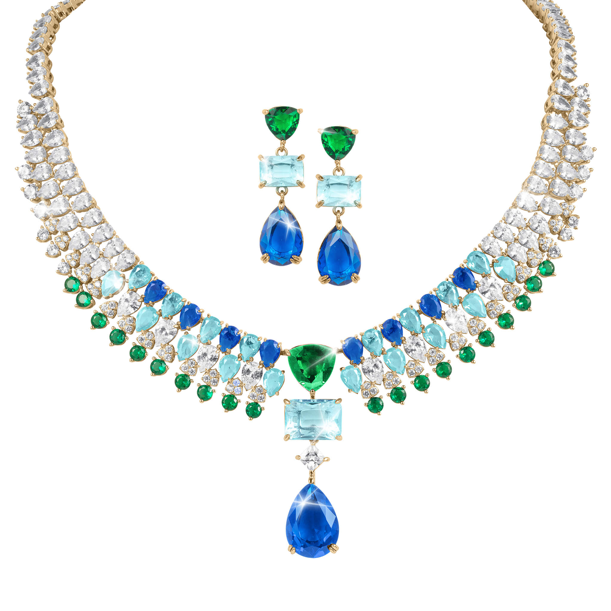 Midnight Riviera Collection gold-plated necklace and earrings set featuring green, blue, and clear gemstones, designed for female elegance, Up To 75% Off Retail.