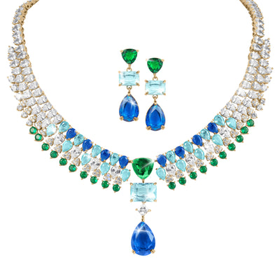 Midnight Riviera Collection gold-plated necklace and earrings set featuring green, blue, and clear gemstones, designed for female elegance, Up To 75% Off Retail.