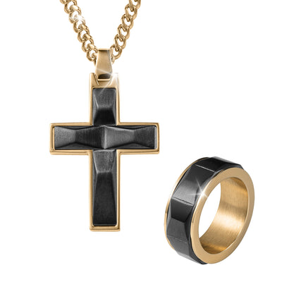 Noir Legacy Collection men's gold plated cross pendant necklace and matching ring featuring black inlay, offering bold, elegant jewelry with Up To 75% Off Retail.