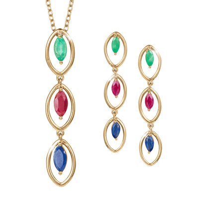 Trinity Royale Collection sterling silver gold-plated necklace and matching earrings set featuring green, red, and blue gemstones, designed for women. Up To 75% Off Retail.