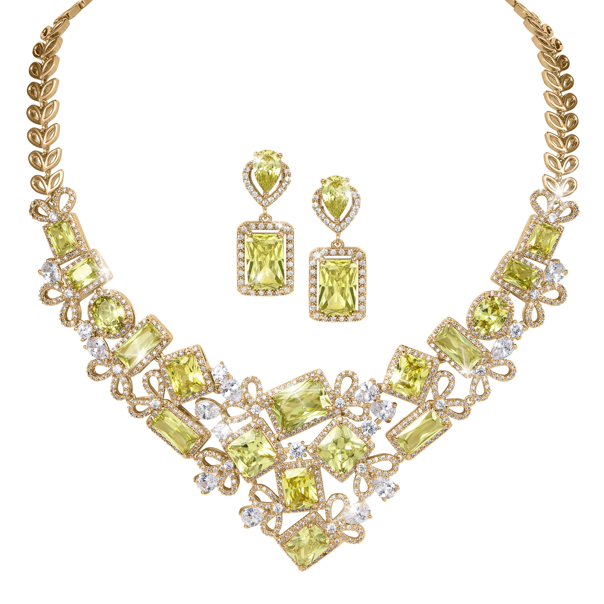 Ornate gold tone necklace and matching drop earrings featuring lime green gemstones and clear crystal accents arranged in an elaborate geometric design