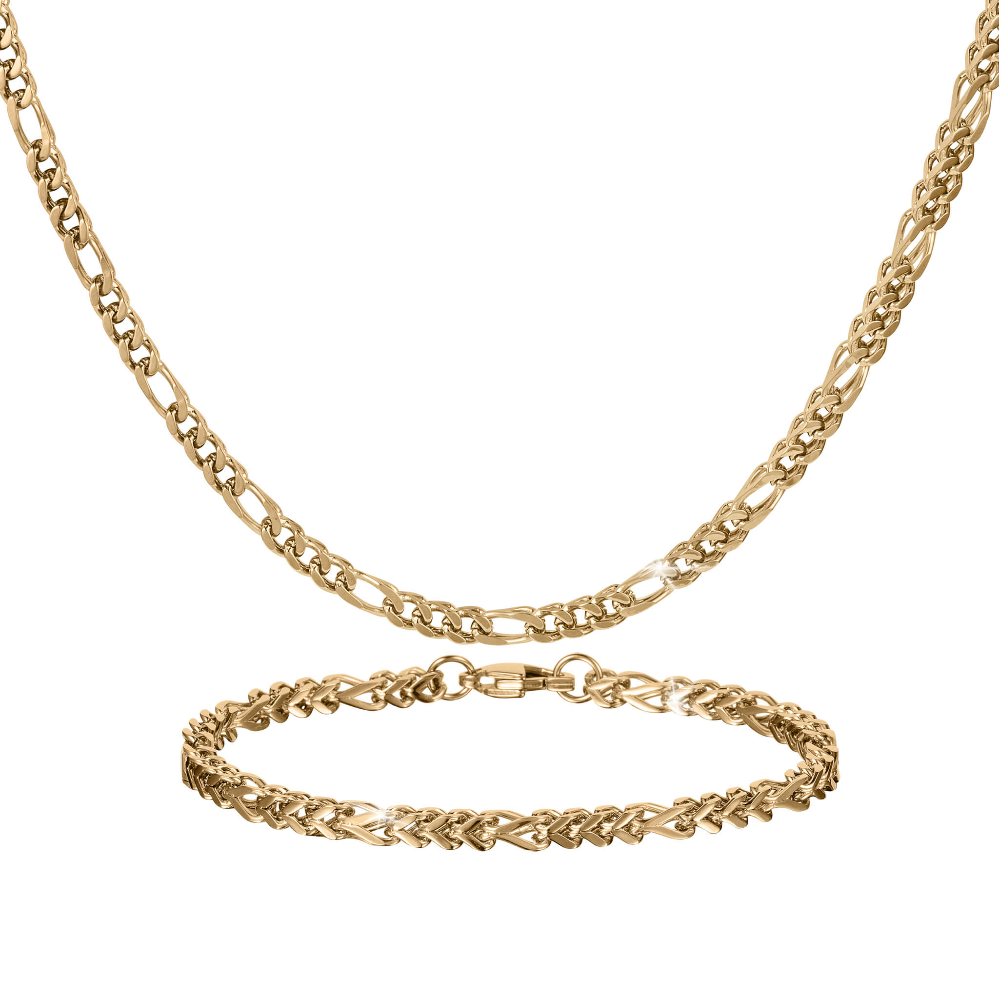 Gold chain necklace and matching bracelet featuring interwoven links displayed on a clean white background as coordinated jewelry pieces