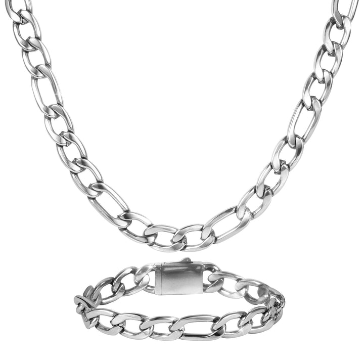 Elegant silver chain necklace and matching bracelet set from the Valor Figaro Collection, offering stylish jewelry with Up To 75% Off Retail.