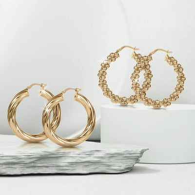 Roma Luxe Hoop Earrings Set featuring two pairs of gold-plated bronze hoop earrings for women, combining smooth twisted and textured beaded designs, Up To 75% Off Retail.