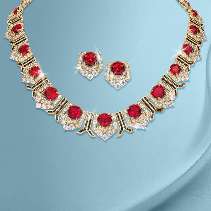 Elegant necklace and matching earrings with deep red stones and clear sparkling accents, part of the Scarlet Heirloom Collection, available Up To 75% Off Retail.