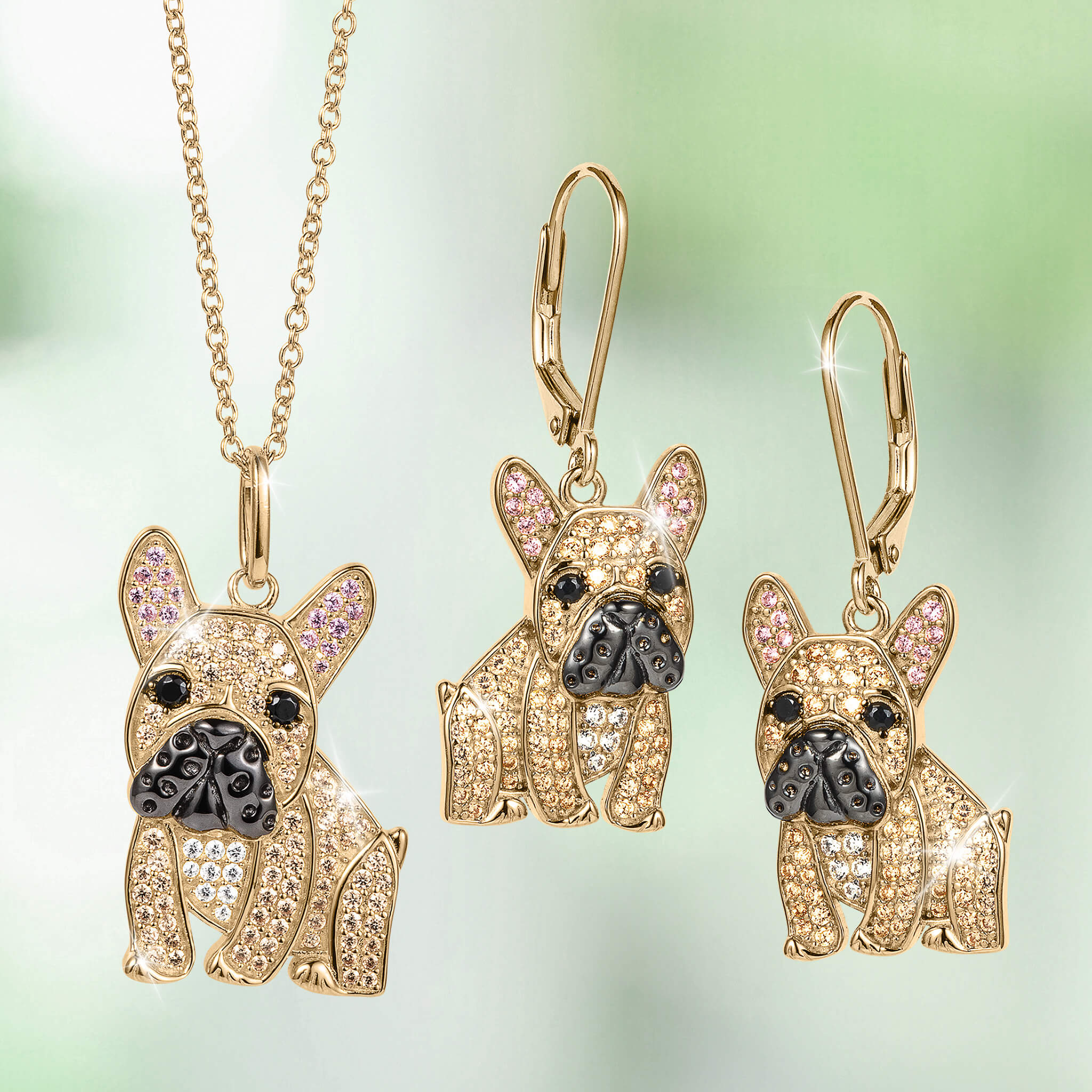 Forever Frenchie Collection gold tone French bulldog pendant necklace and matching drop earrings with crystal pavé details Up To 75% Off Retail