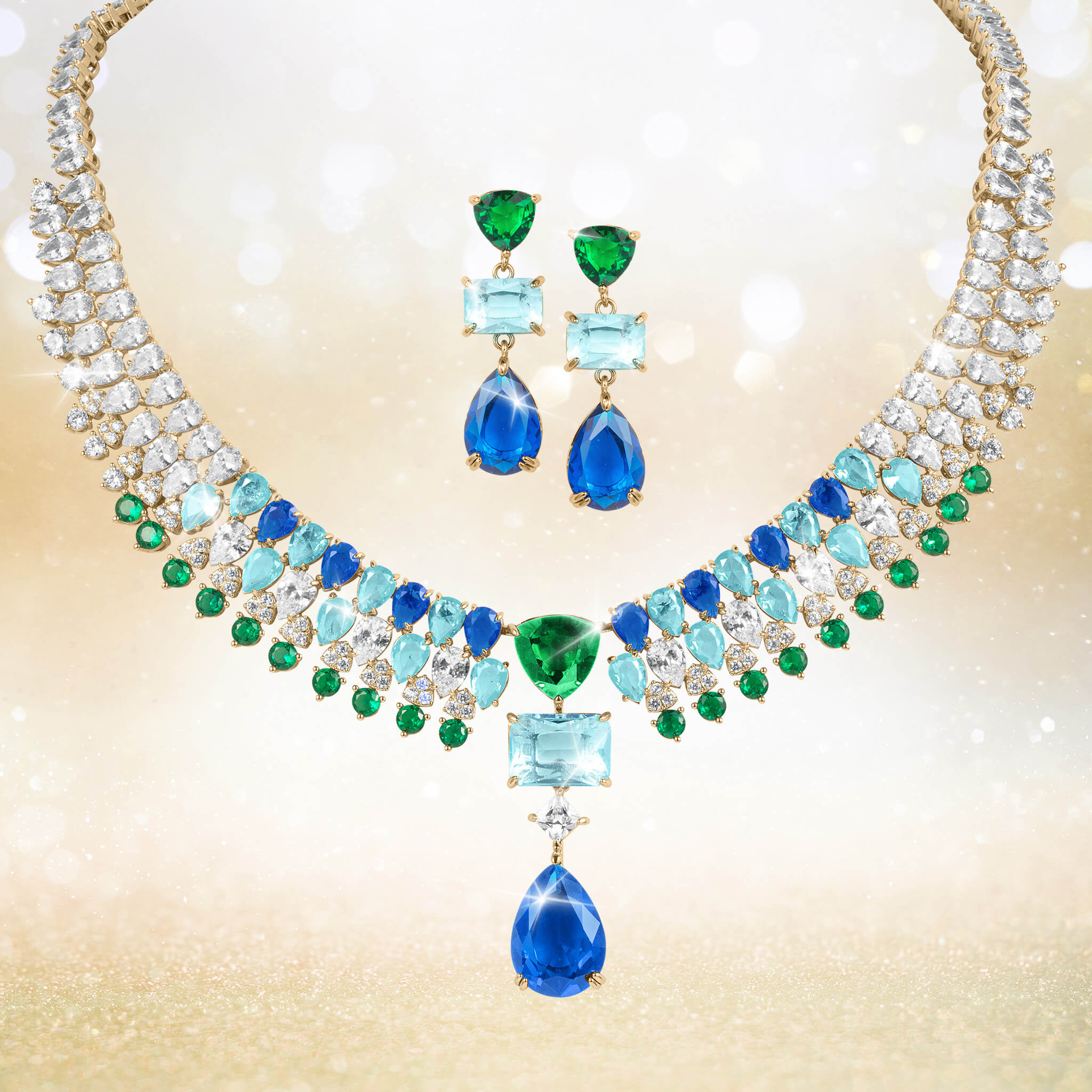 Midnight Riviera Collection gold plated necklace and earrings set featuring green, blue, and clear gemstones, designed for female, Up To 75% Off Retail.
