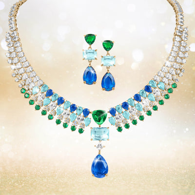 Midnight Riviera Collection gold plated necklace and earrings set featuring green, blue, and clear gemstones, designed for female, Up To 75% Off Retail.