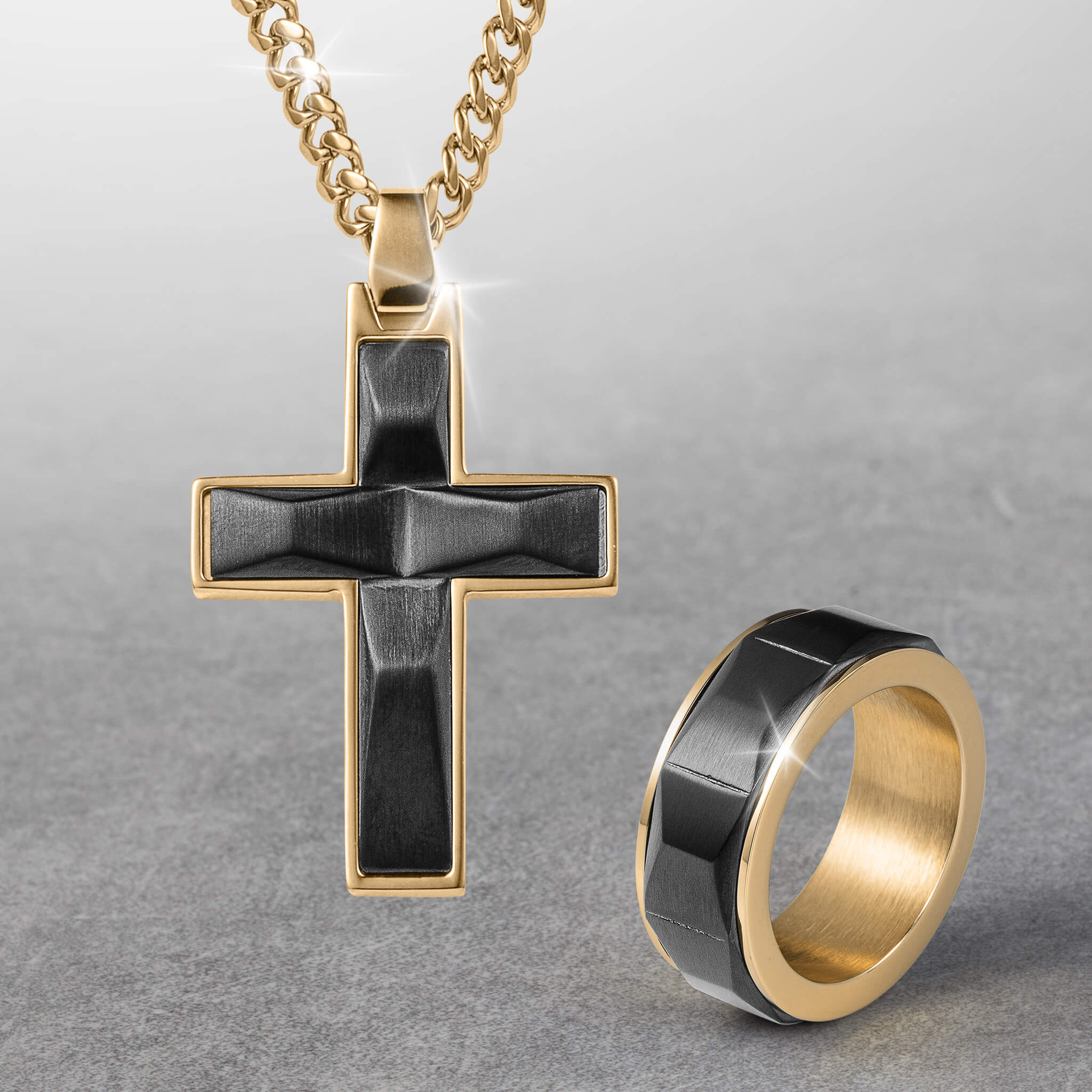 Noir Legacy Collection men's jewelry set featuring a gold-plated cross pendant necklace and matching faceted ring, with Up To 75% Off Retail.