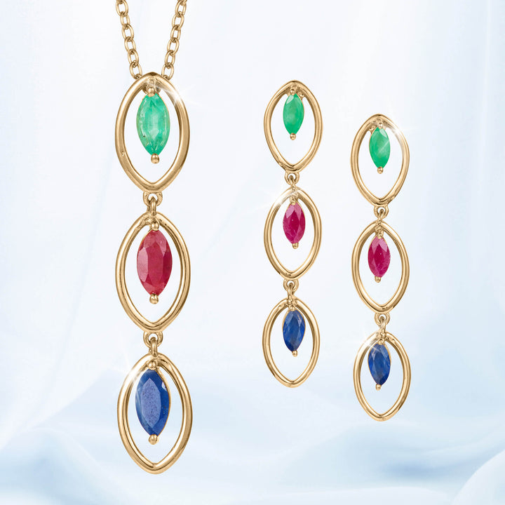 Trinity Royale Collection sterling silver jewelry set with gold plating, featuring a necklace and matching earrings adorned with green, red, and blue gemstones, Up To 75% Off Retail.