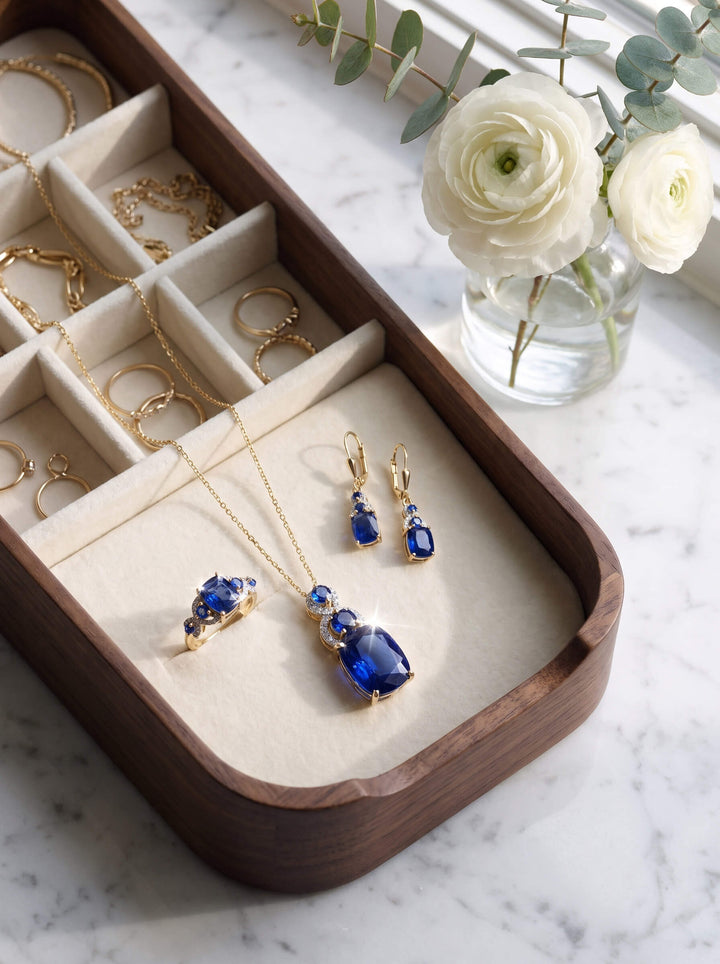 Elara Sapphire Ring with vivid blue sapphire jewelry arranged in a velvet lined wooden tray beside white flowers Up To 75% Off Retail