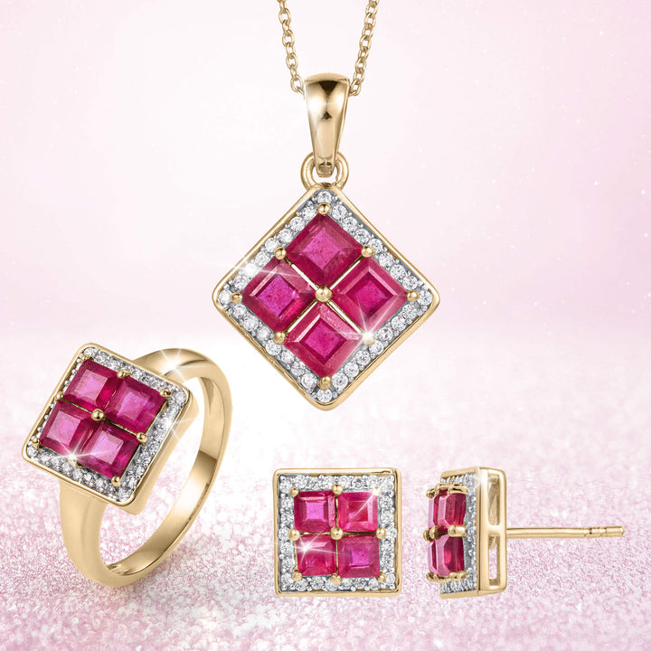 Sterling silver and gold plated jewelry set for female featuring square ruby stones surrounded by sparkling accents, part of the Rouge Lumiere Ruby Collection, Up To 75% Off Retail.