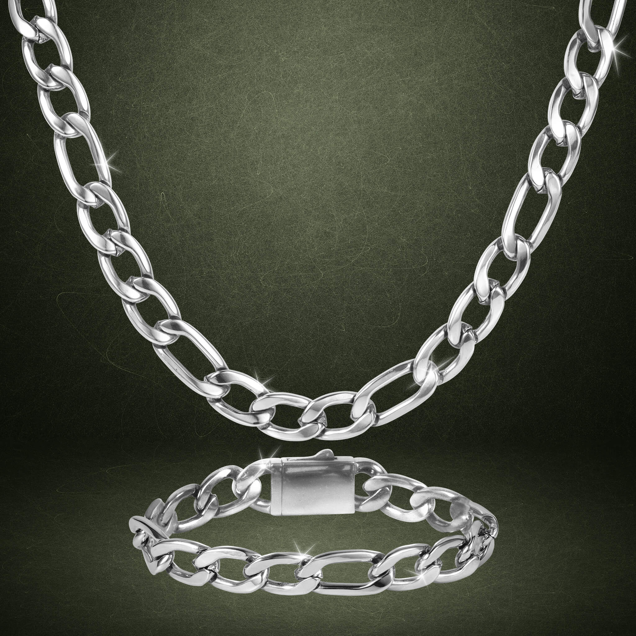 Silver chain necklace and bracelet set from Valor Figaro Collection displayed on dark textured background with Up To 75% Off Retail promotion.