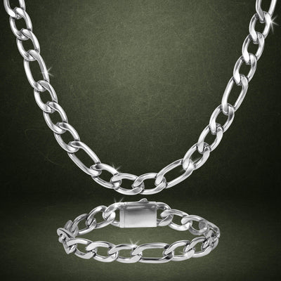 Silver chain necklace and bracelet set from Valor Figaro Collection displayed on dark textured background with Up To 75% Off Retail promotion.