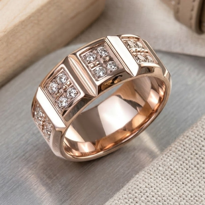 Luxor Men's Ring in sterling silver with rose gold plating, featuring a bold modern design accented with multiple sparkling stones, perfect men's jewelry.