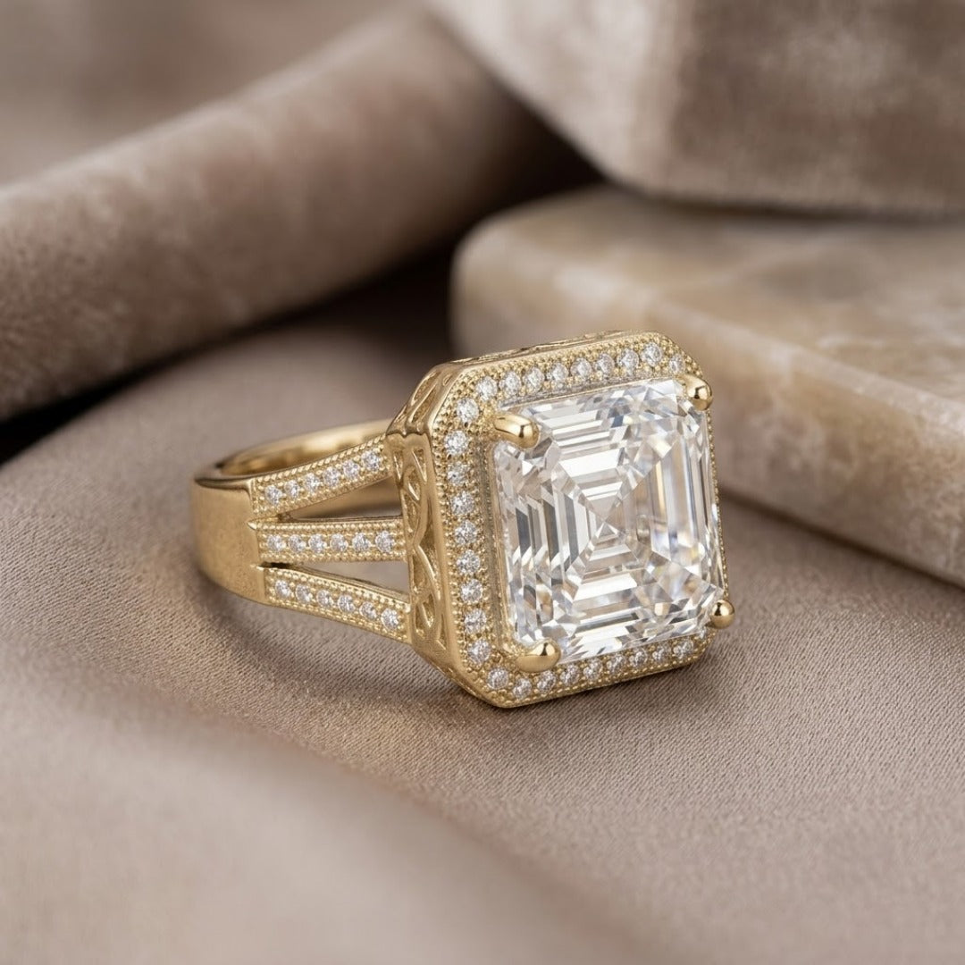 Solace Sparkle Ring featuring a large rectangular cut gemstone set in an intricate gold band with small surrounding stones, offered Up To 75% Off Retail.