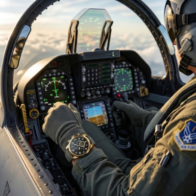 Pilot wearing Airforce Gold Watch inside advanced aircraft cockpit with illuminated flight instruments, showcasing precision and style, Up To 75% Off Retail.