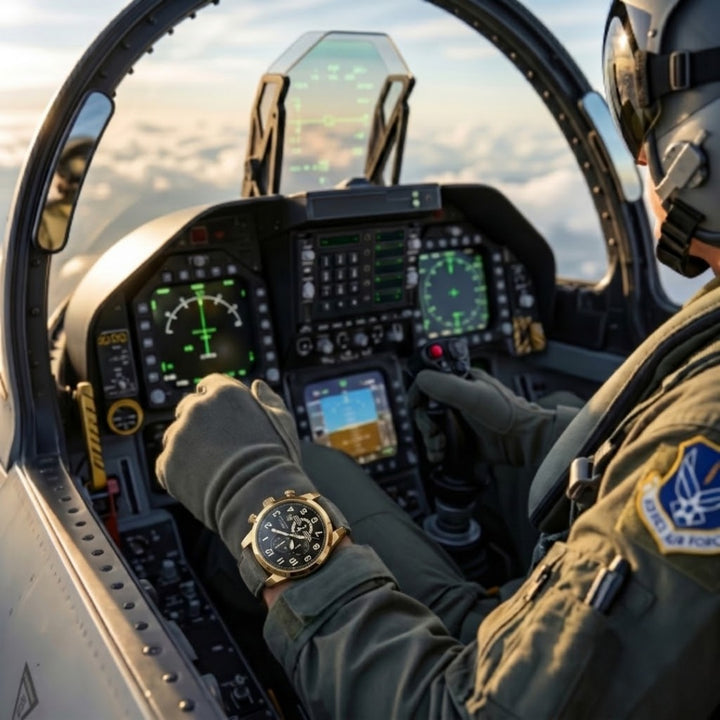Pilot wearing Airforce Gold Watch inside advanced aircraft cockpit with illuminated flight instruments, showcasing precision and style, Up To 75% Off Retail.