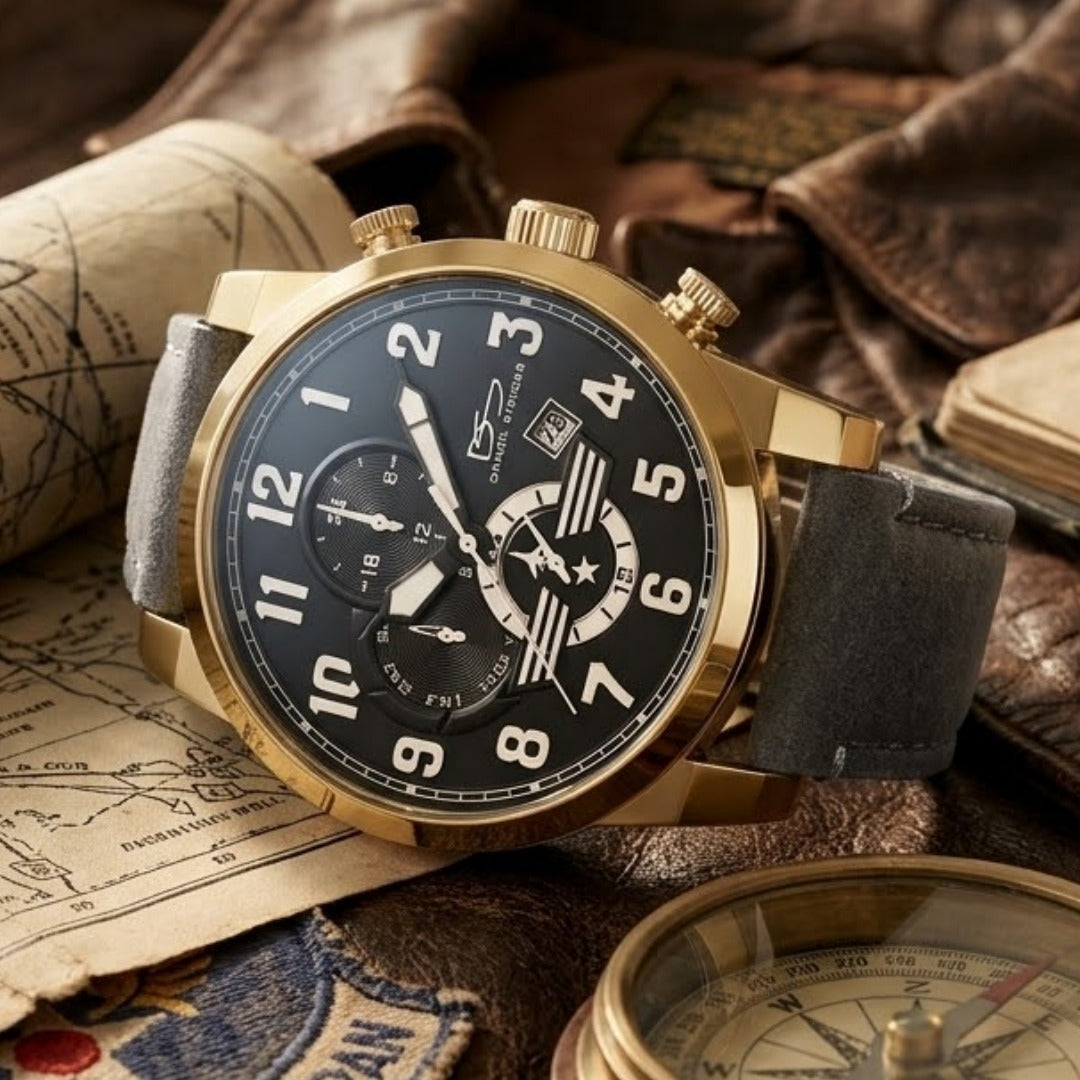 Airforce Gold Watch featuring a gold-tone case, black dial with white numerals, chronograph subdials, and a gray leather strap, styled with vintage aviator accessories. Up To 75% Off Retail.