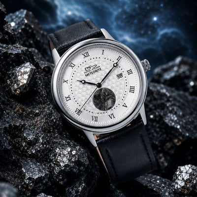 Meteorite White Watch with a textured white dial, Roman numeral markers, black leather strap, and a unique meteorite inlay, showcased on a dark mineral rock background, Up To 75% Off Retail.
