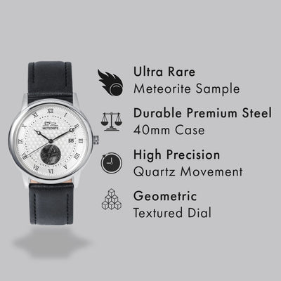 Meteorite White Watch featuring a 40mm durable premium steel case, geometric textured dial, high precision quartz movement, and ultra rare meteorite sample with Up To 75% Off Retail.