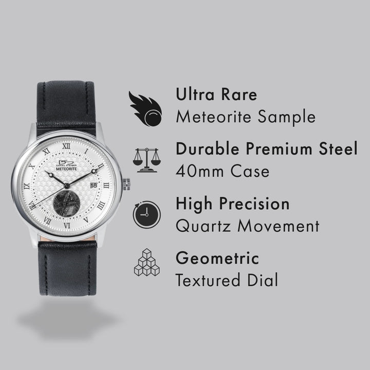 Meteorite White Watch featuring a 40mm durable premium steel case, geometric textured dial, high precision quartz movement, and ultra rare meteorite sample with Up To 75% Off Retail.