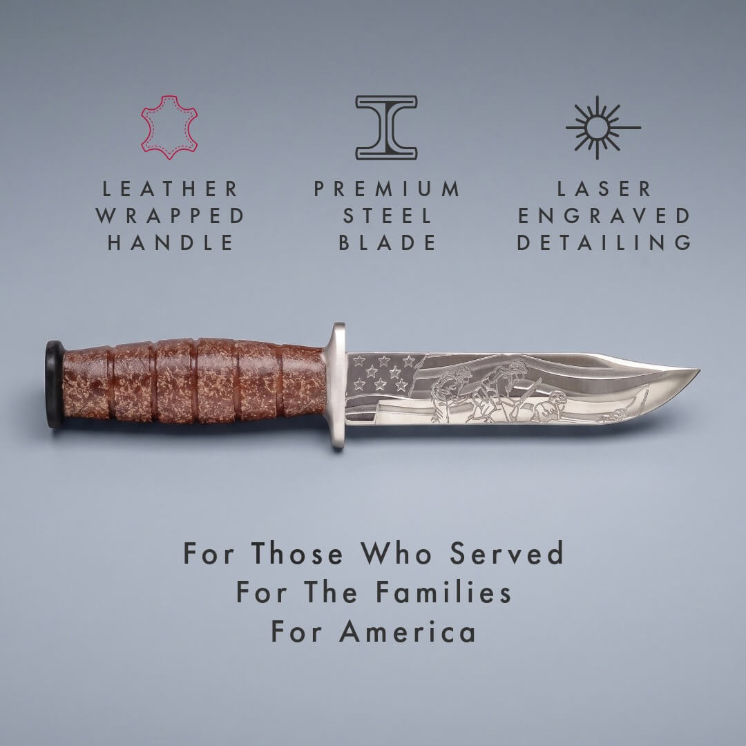 Iwo Jima Valor Dagger with resin and stainless steel, featuring a leather wrapped handle, premium steel blade, and laser engraved detailing, offered Up To 75% Off Retail.