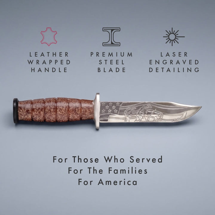Iwo Jima Valor Dagger with resin and stainless steel, featuring a leather wrapped handle, premium steel blade, and laser engraved detailing, offered Up To 75% Off Retail.