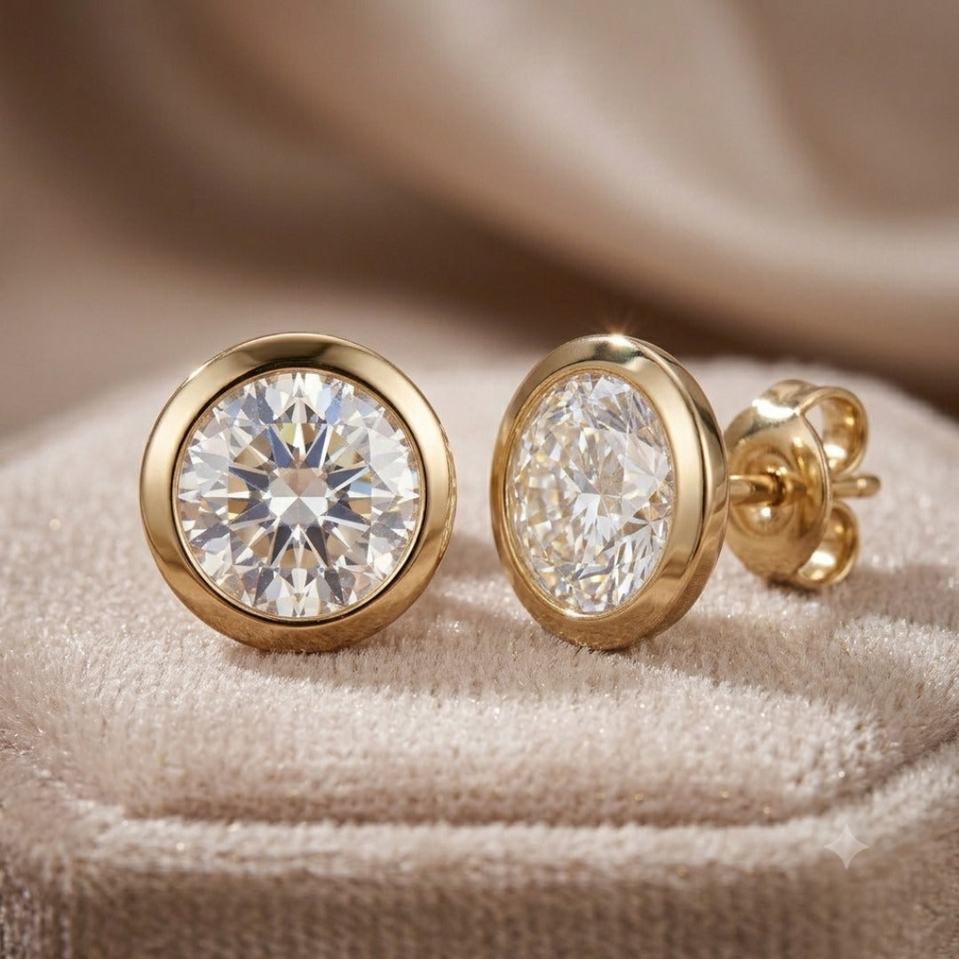 Luxe Solitaire Earrings featuring sterling silver with gold plating, showcasing sparkling solitaire stones on a soft beige fabric background, Up To 75% Off Retail.