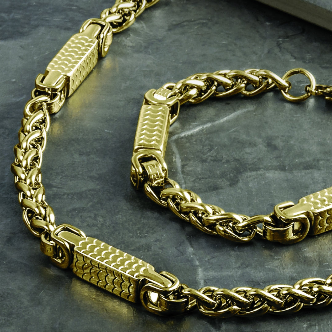 Men's Arco Bracelet featuring gold-plated stainless steel with a stylish linked and textured design, perfect for sophisticated men's jewelry collections.