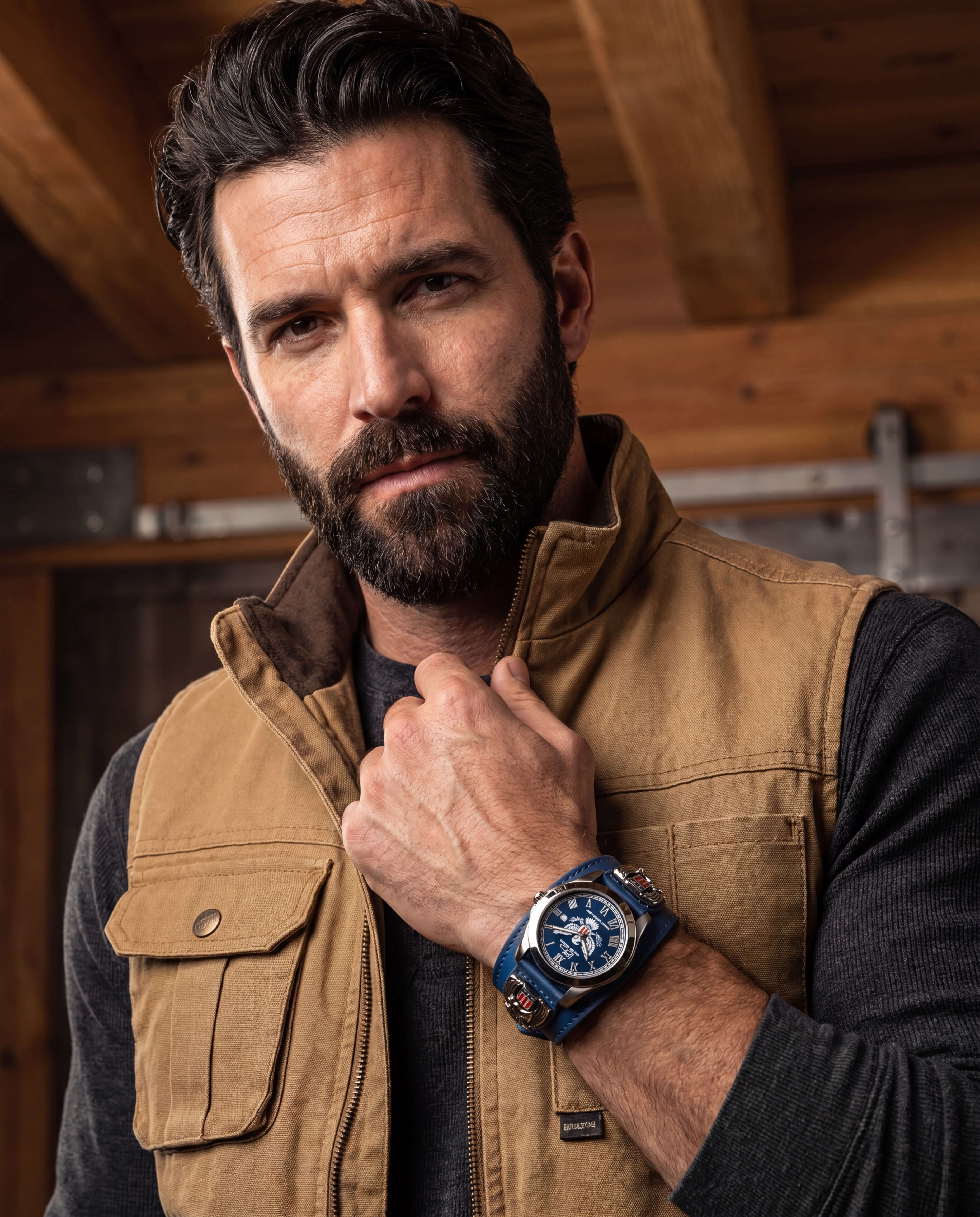 Man wearing a brown vest and black shirt showcasing the Patriot 250 Years Blue Limited Edition Watch with a blue dial and stainless steel case, Up To 75% Off Retail.